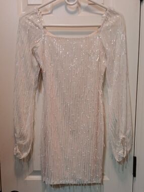 Xtraordinary White Beaded Long-Sleeve Dress